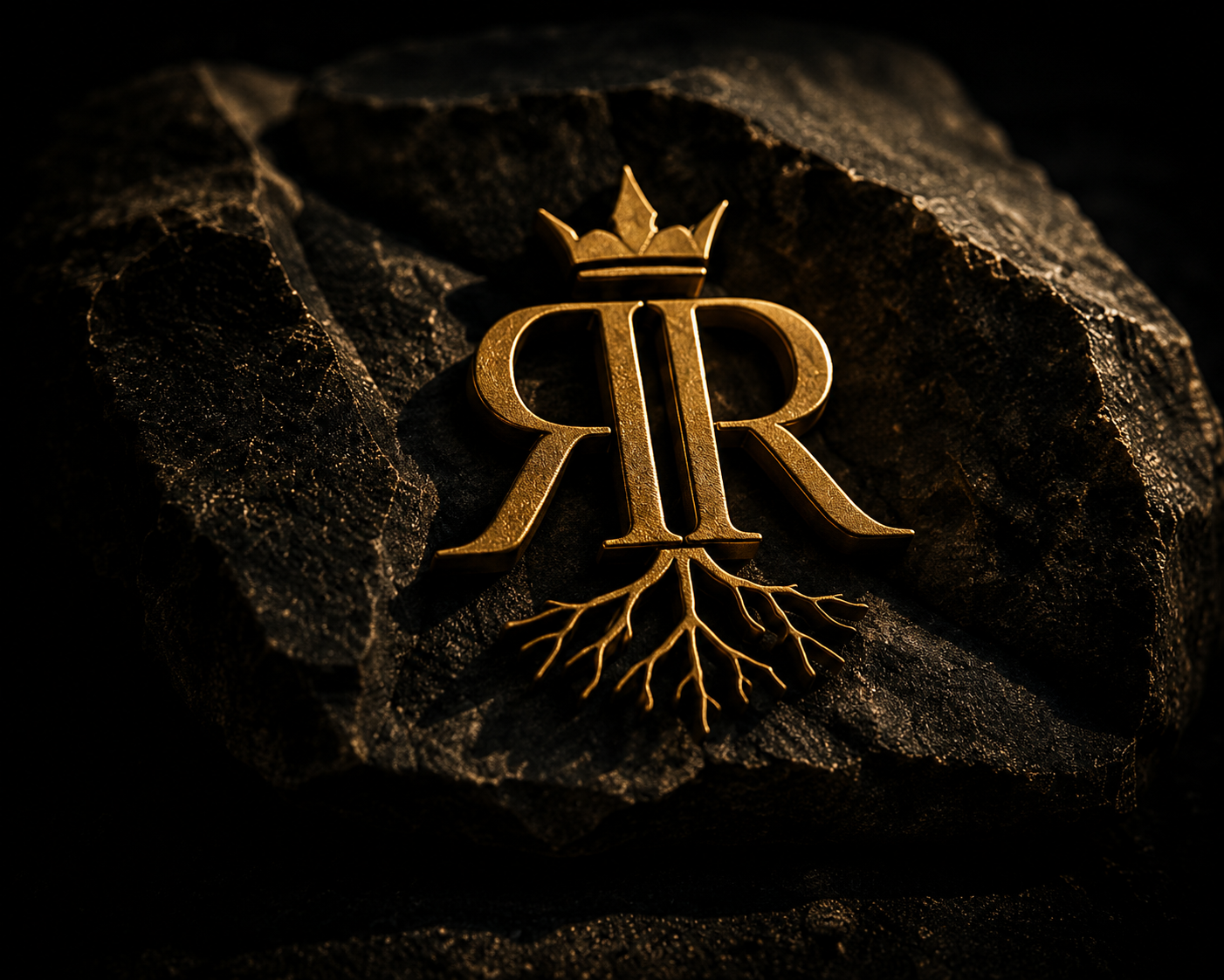 Rooted Rich monogram emblem on stone